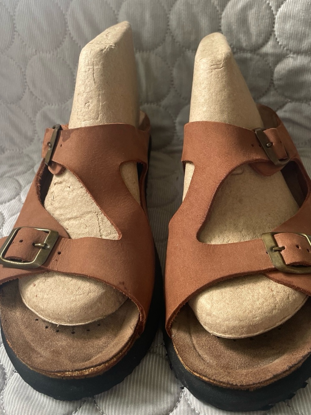 Spring Step Tan Brown Leather Double Buckle Slide Sandals